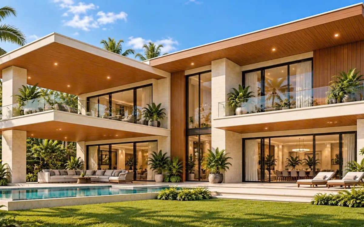 Nhà hai tầng hiện đại ốp lam 1 sóng hợp kim nhôm vân gỗ ở mặt tiền và trần hiên, cạnh hồ bơi