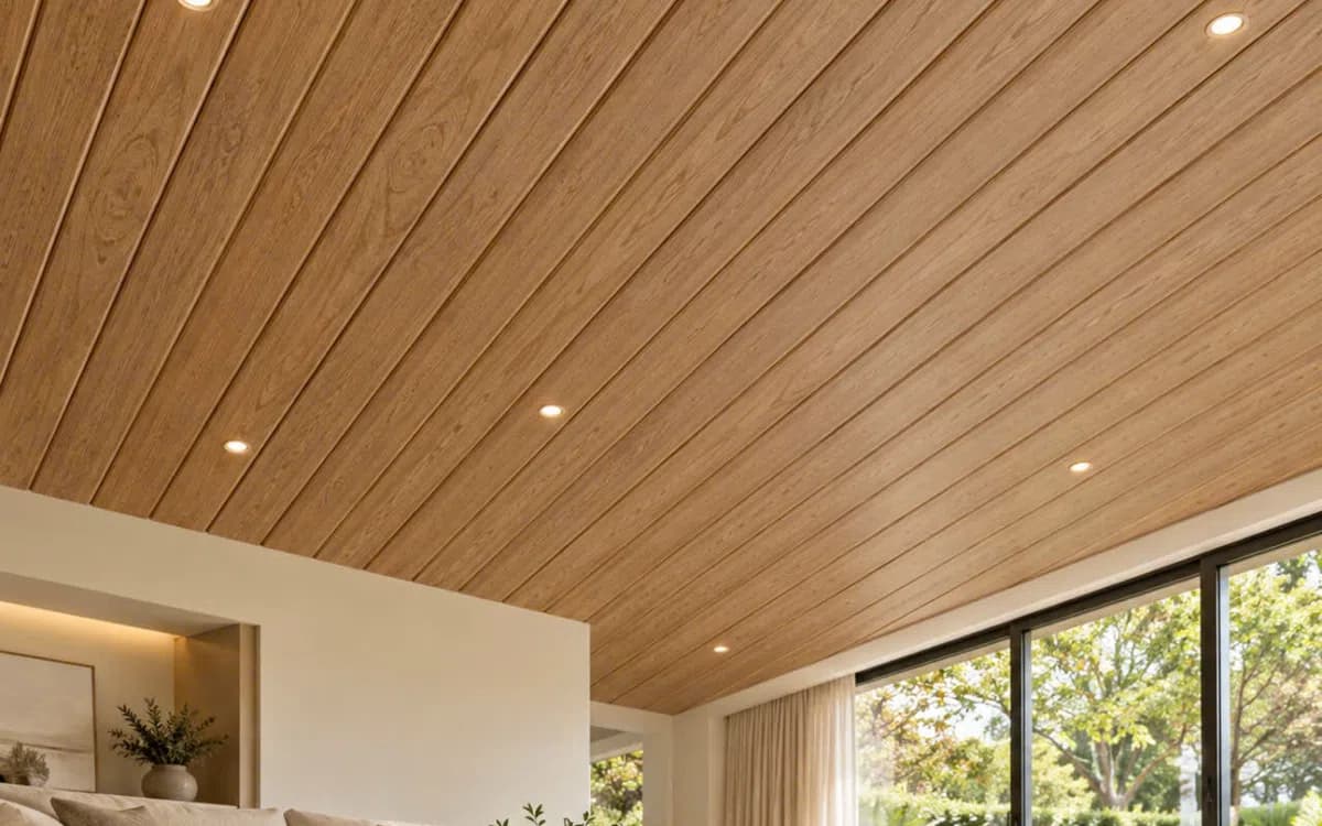 Phòng khách có trần ốp lam nhôm vân gỗ và bộ ghế sofa