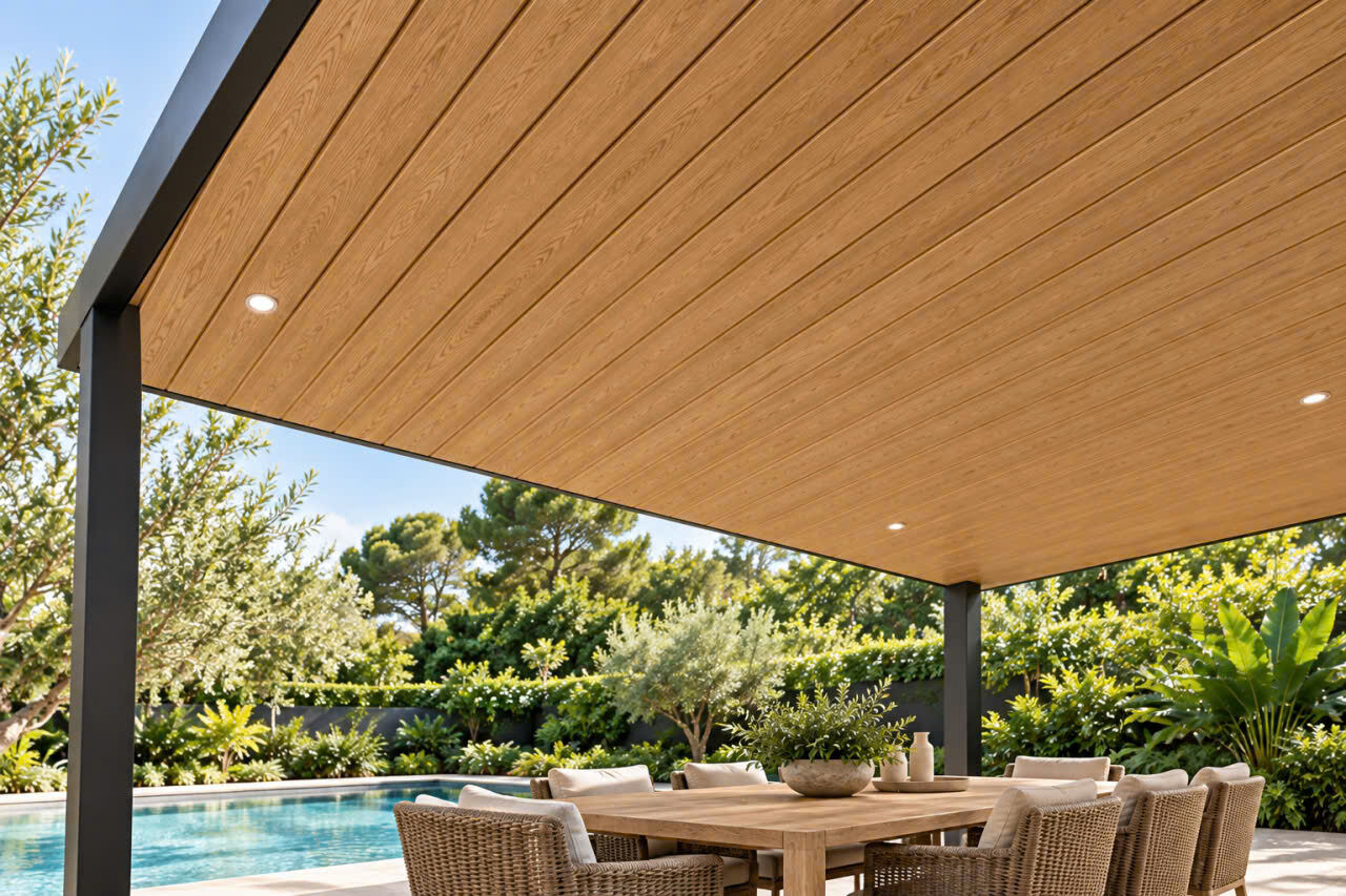 Trần pergola ốp lam nhôm vân gỗ phía trên khu ăn ngoài trời cạnh hồ bơi