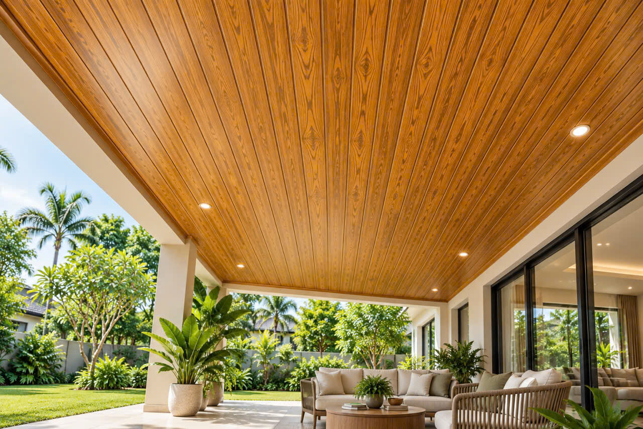Trần hiên ốp lam vân gỗ teak vàng nhìn ra khu vườn