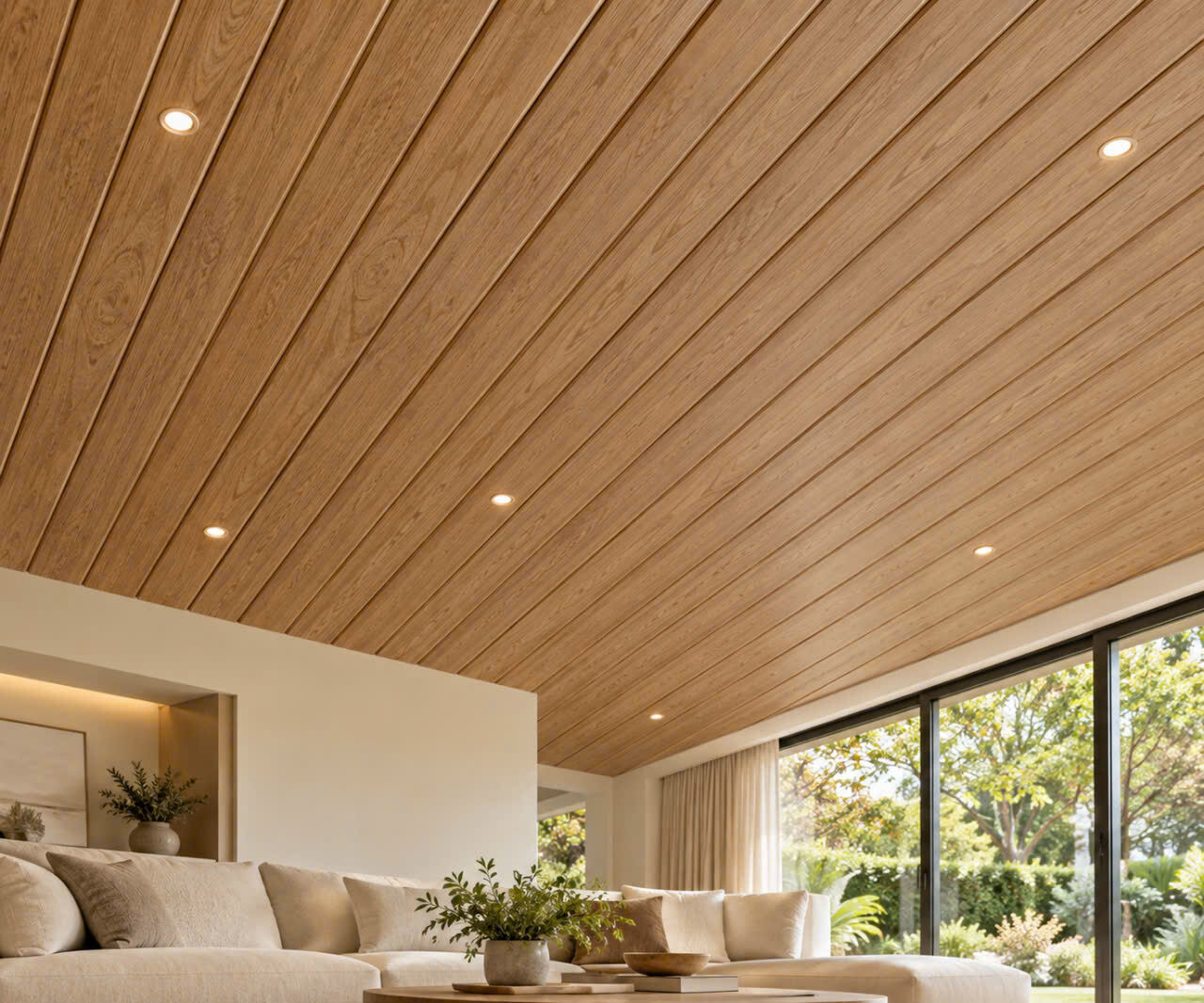 Phòng khách có trần lam nhôm vân gỗ cùng ghế sofa
